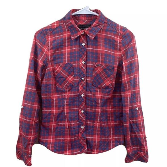OBEY Flannel Plaid Top Long Sleeve Button Collar XS Women Metal Button Red Blue - Picture 1 of 11